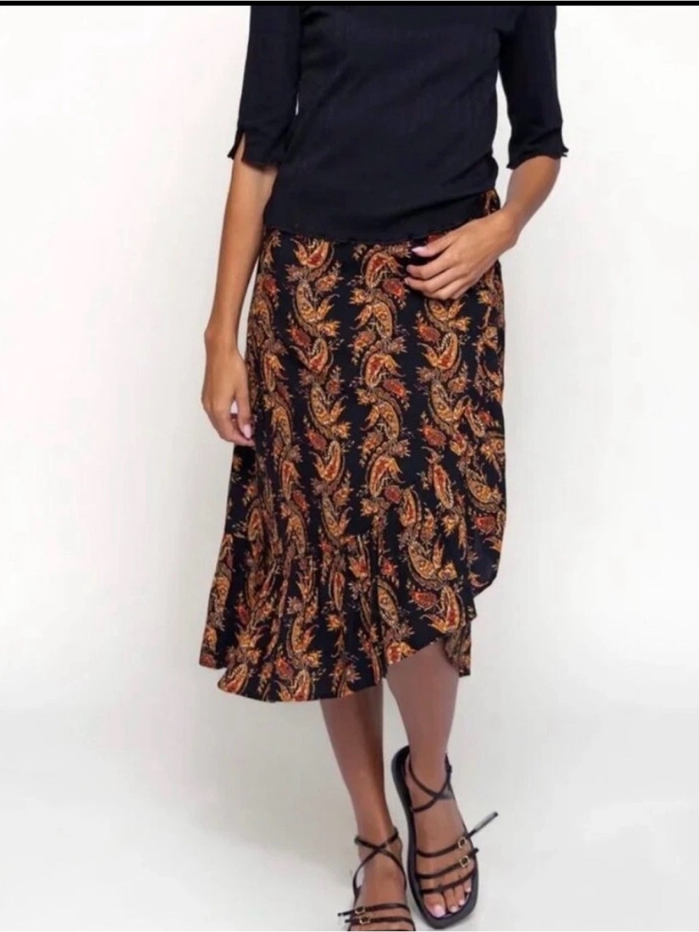 Natural Life Paisley Ruffle Wrap Midi Skirt Black Orange Size NWT New! L
